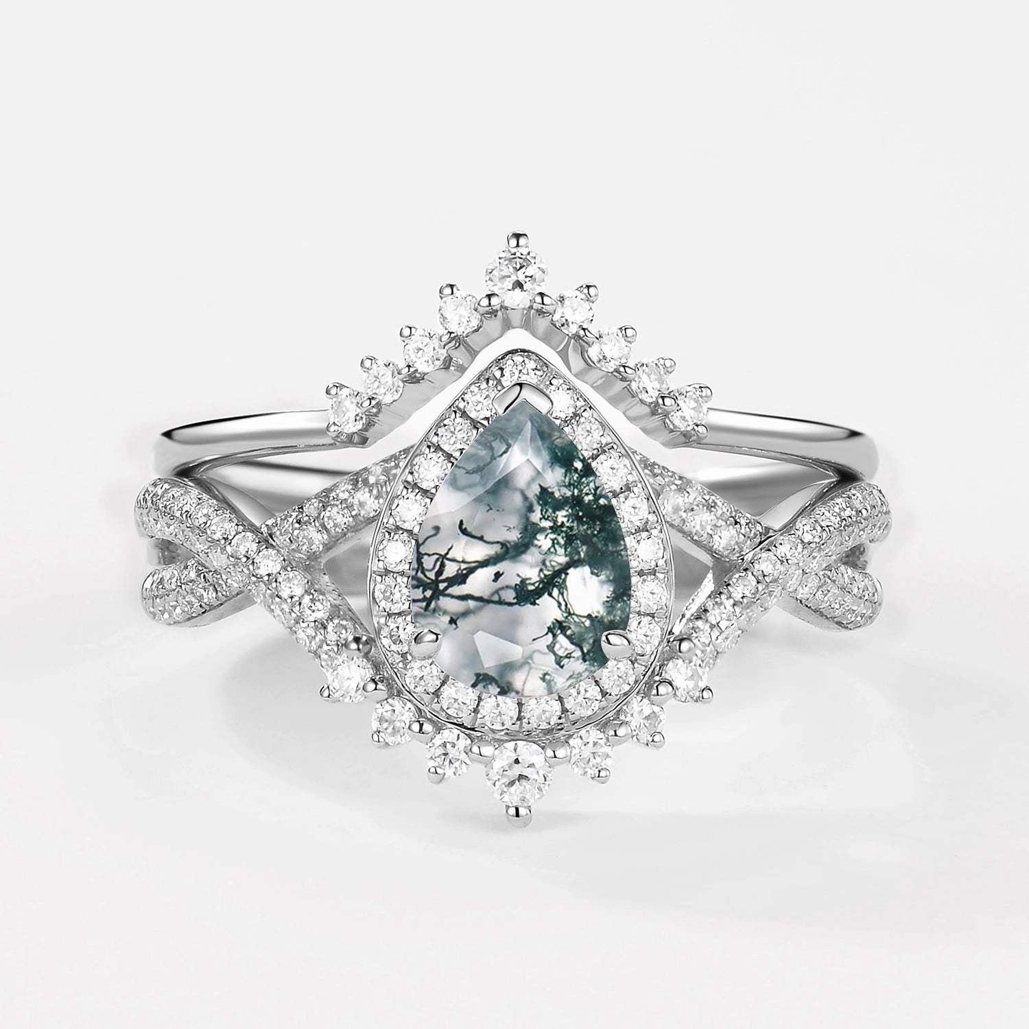 Pear Moss Agate Halo Infinity Ring Set 2pcs - Valentina Fine Art Fantastic Craft