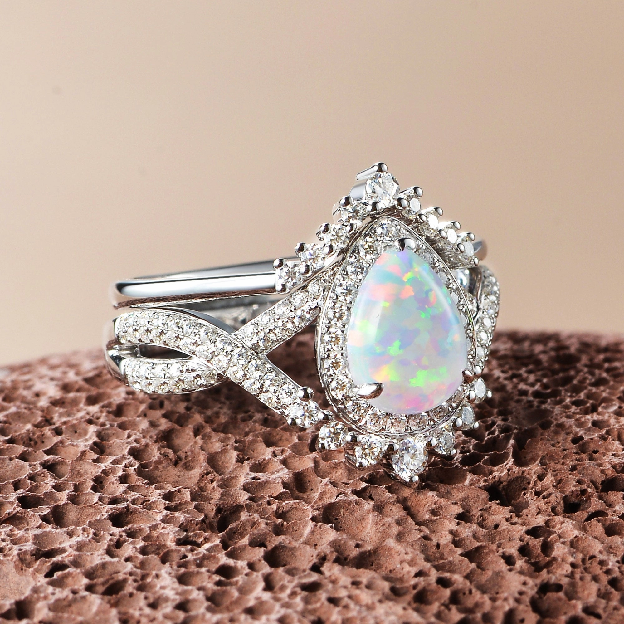 Pear Moss Agate Halo Infinity Ring Set 2pcs - Valentina Excellent Look Luxury Design