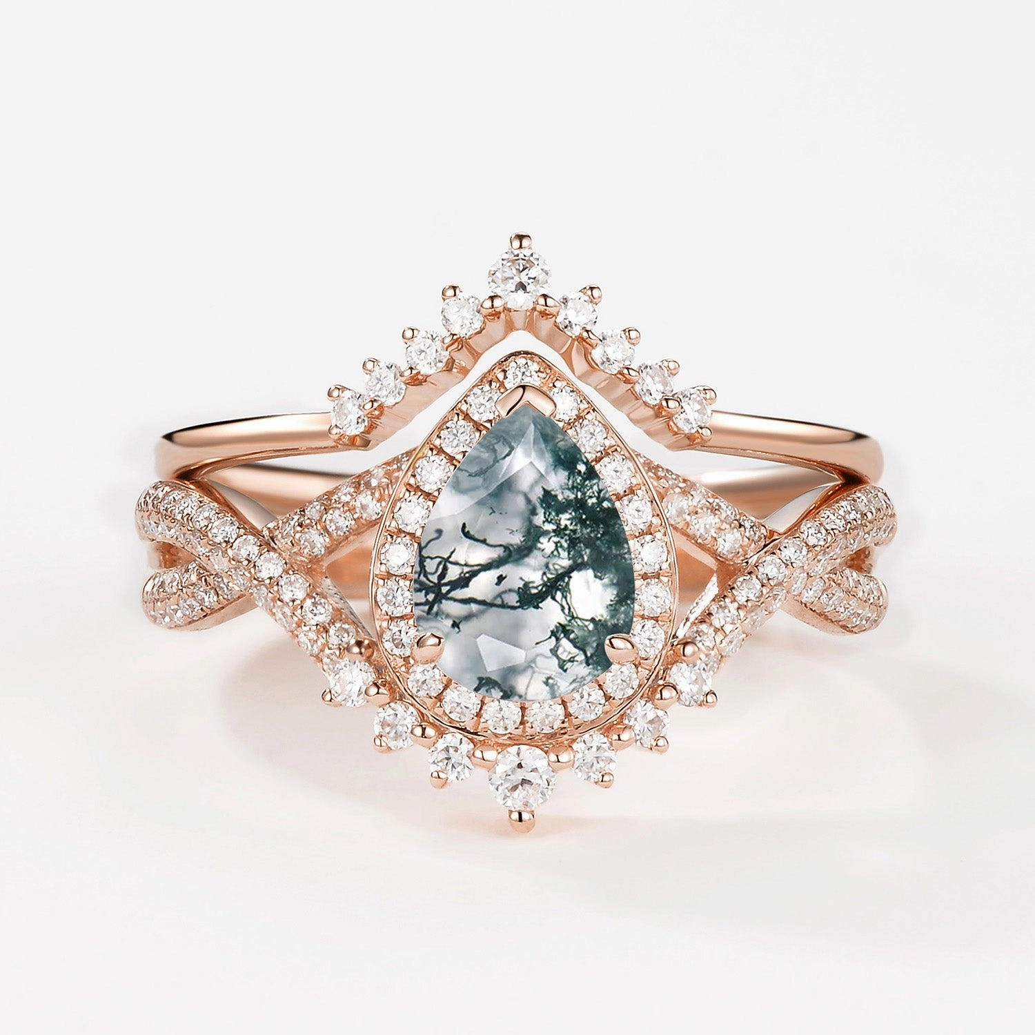 Pear Moss Agate Halo Infinity Ring Set 2pcs - Valentina Ornate Keepsake Minimalist Insignia