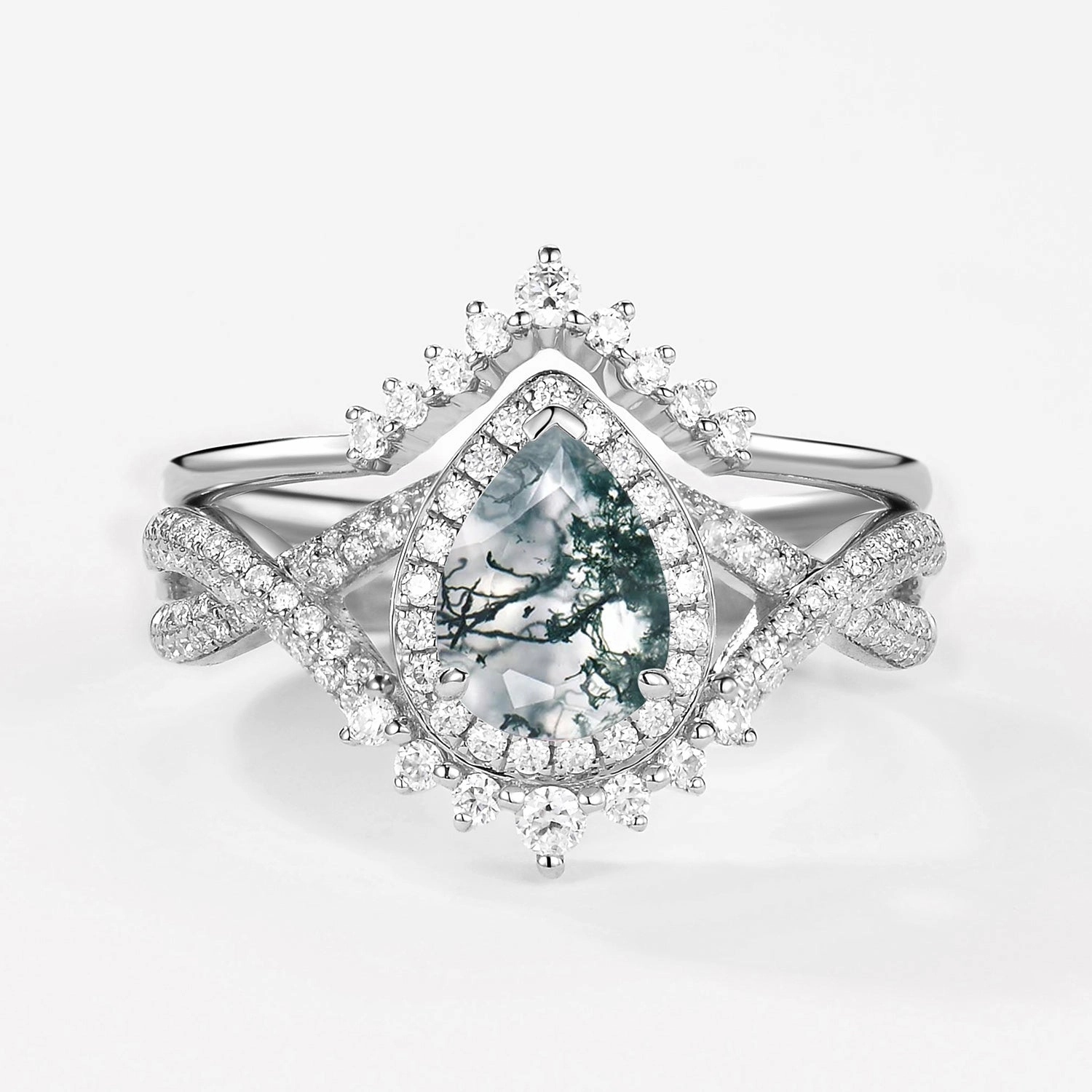 Dynamic Style Strong Article Pear Moss Agate Halo Infinity Ring Set 2pcs - Valentina
