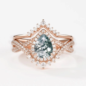 Pear Moss Agate Halo Infinity Ring Set 2pcs - Valentina Charming Touch