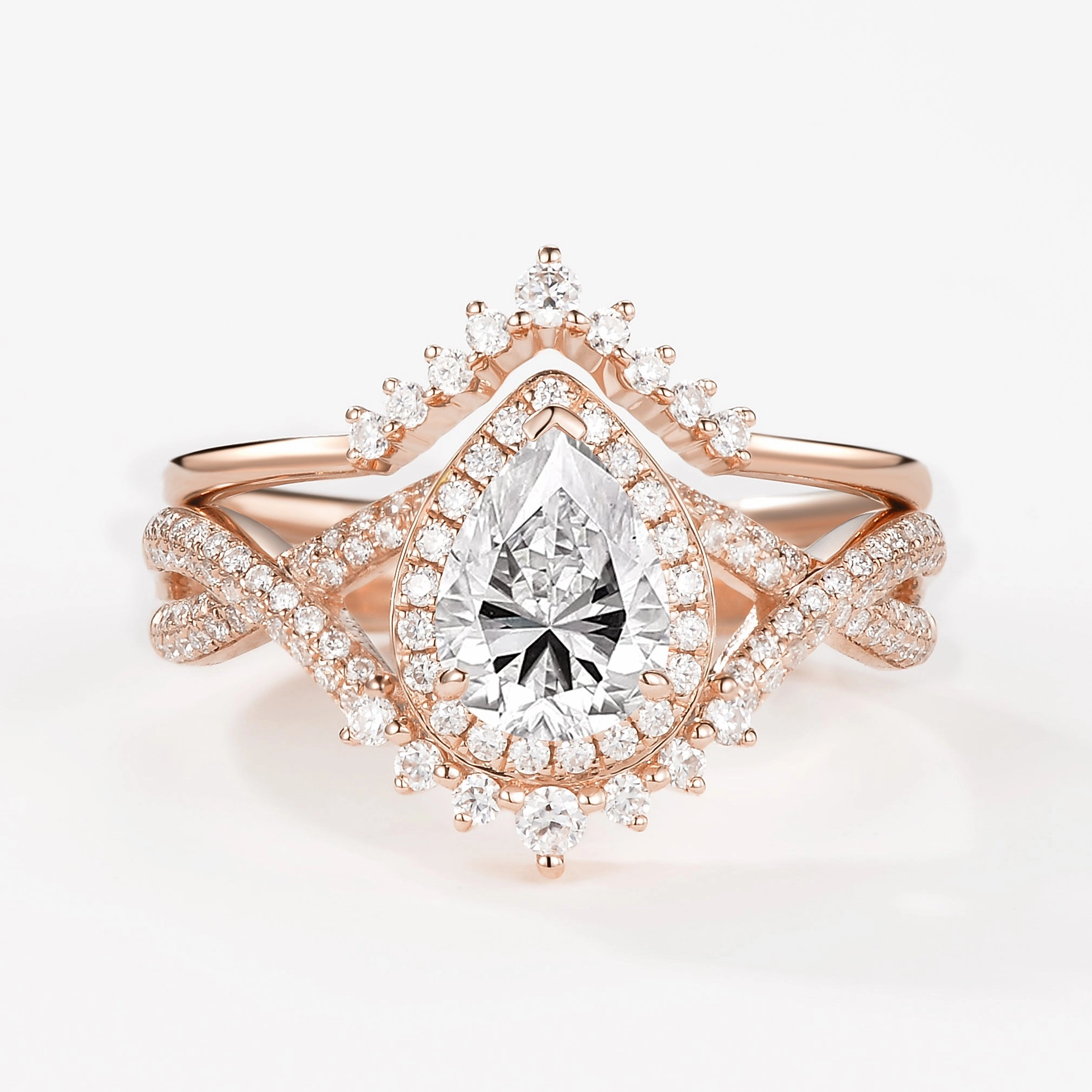 Pear Moss Agate Halo Infinity Ring Set 2pcs - Valentina Dazzling Accent