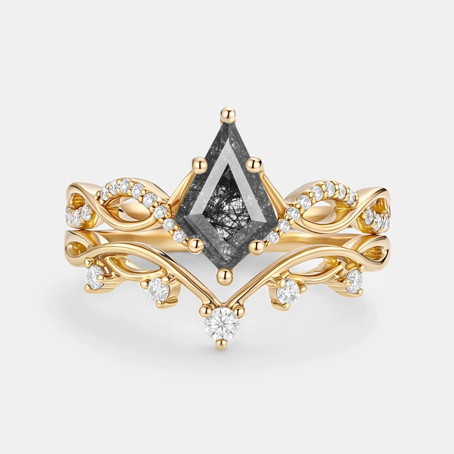 Kite Cut Black Rutilated Quartz Engagement Ring Sets 2pcs - Phyllon Timeless Harmony Designer Object