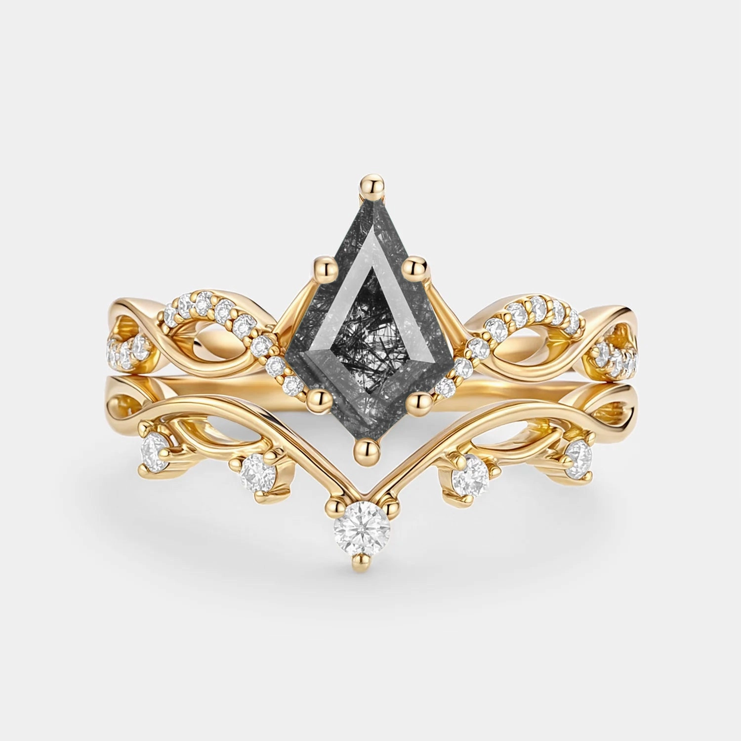 Fantastic Art Kite Cut Black Rutilated Quartz Engagement Ring Sets 2pcs - Phyllon