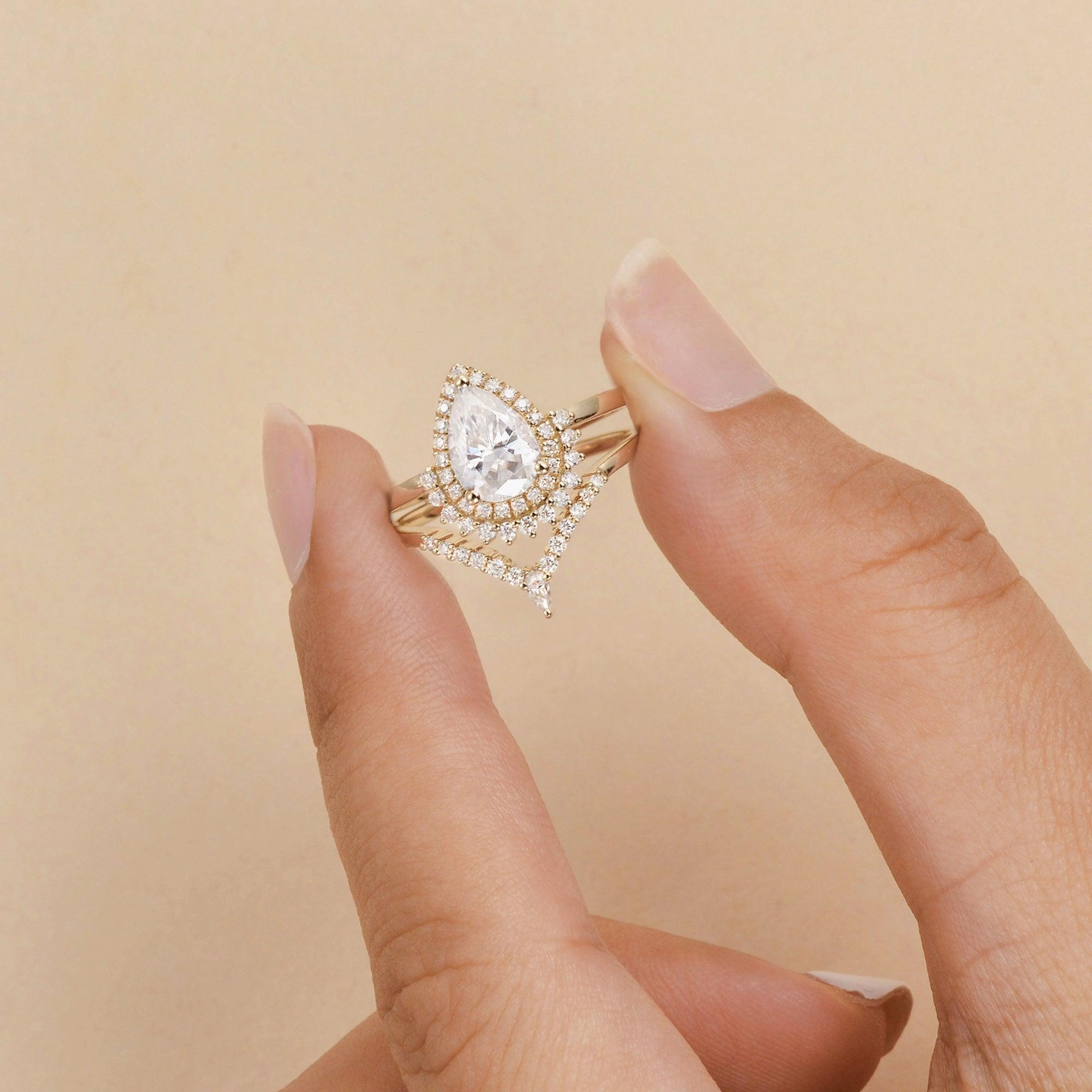 1.5ct Peachy Morganite Vintage Halo Ring Set 2pcs Trendy Embellishment