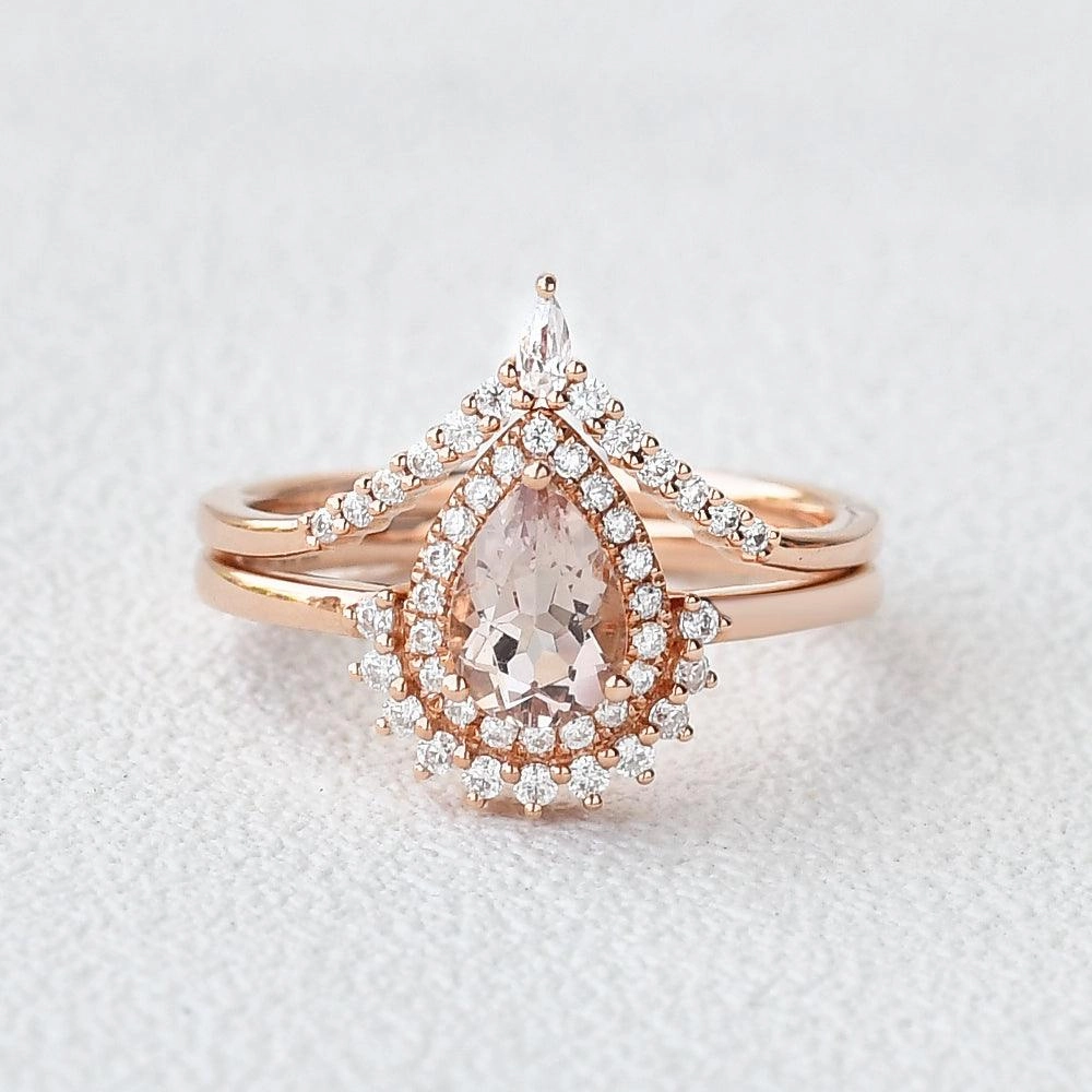 Polished Appearance Balanced Design 1.5ct Peachy Morganite Vintage Halo Ring Set 2pcs