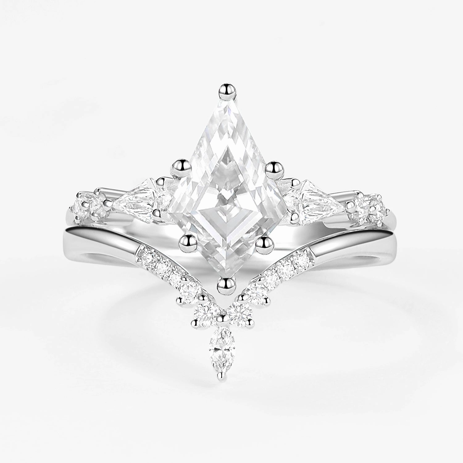 Fashion Focus Gala Ready Moissanite Three Kite Stone Engagement Ring Sets 2pcs