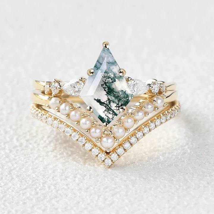 Kite Cut Moss Agate Pearl Stacking Engagement Bridal Set 3pcs Classic Outfit