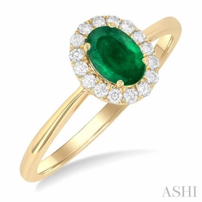 6x4 MM Oval Shape Emerald and 1/6 Ctw Round Cut Diamond Halo Precious Ring in 14K Yellow Gold Handcrafted Style Exclusive Style