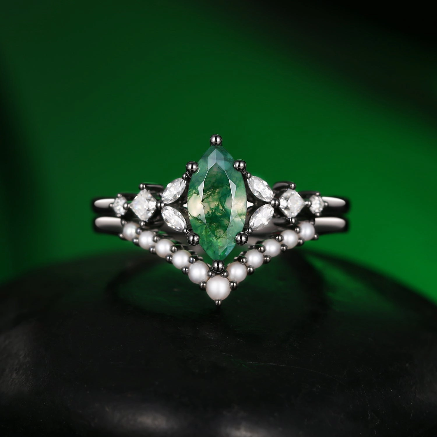 Marquise Moss Agate Signature Vintage Pearl-fect Ring Set 2pcs Sleek Detailing