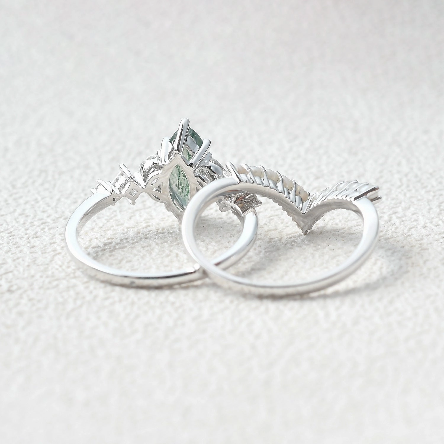 Marquise Moss Agate Signature Vintage Pearl-fect Ring Set 2pcs Creative Spark