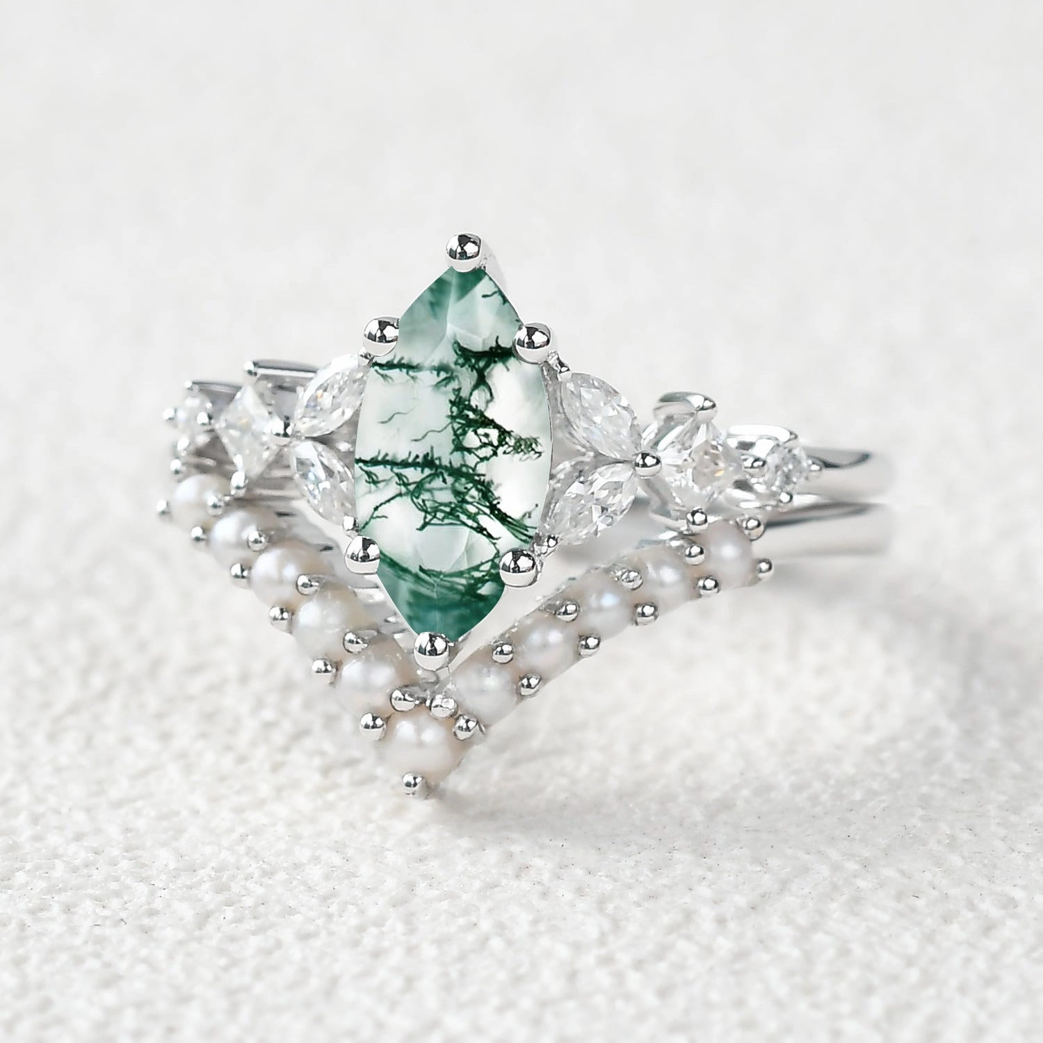 Timeless Accent Marquise Moss Agate Signature Vintage Pearl-fect Ring Set 2pcs
