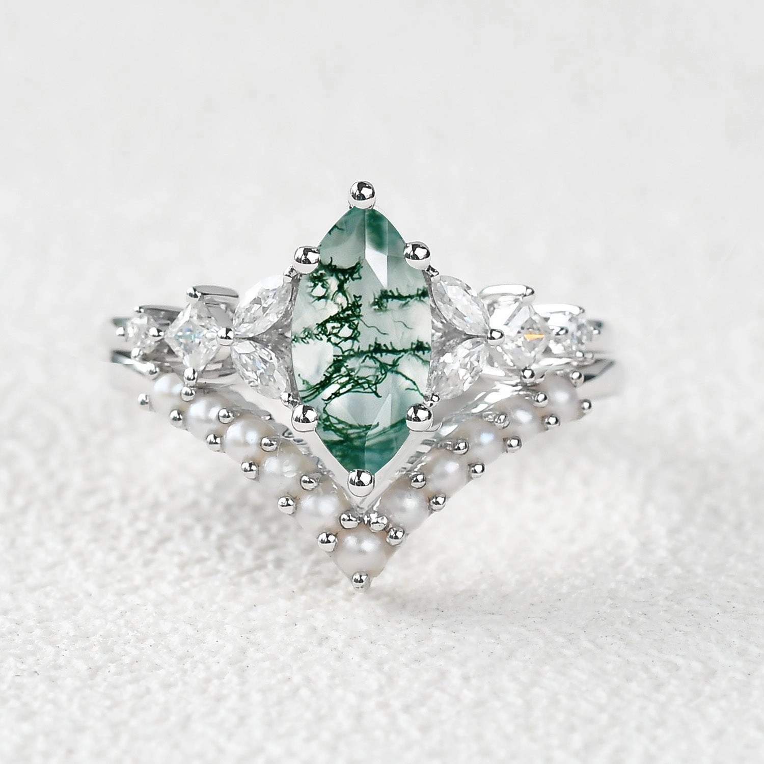 Marquise Moss Agate Signature Vintage Pearl-fect Ring Set 2pcs Sparkling Work elegant design