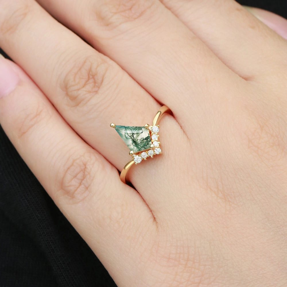 Unique Moss Agate Kite Cut Classic Engagement Ring - Nimbus Layered Vibe