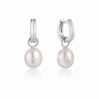 Trendy Addition Silver Pearl Drop Sparkle Huggie Hoop Earrings