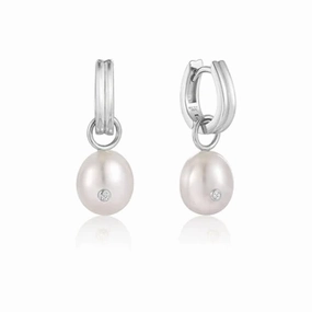 Trendy Addition Silver Pearl Drop Sparkle Huggie Hoop Earrings