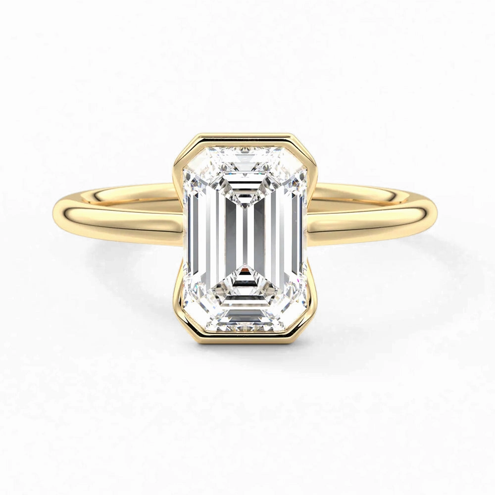 Half Bezel Moissanite Emerald Cut Engagement Ring Precious Finish