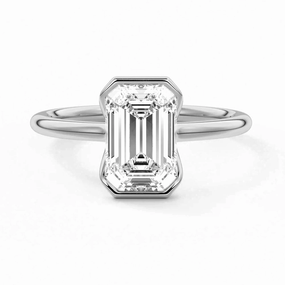 Muted Glow Custom Gifts Half Bezel Moissanite Emerald Cut Engagement Ring