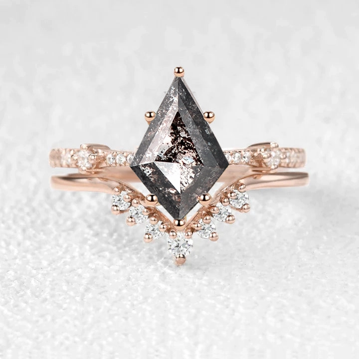 Kite Black & White Salt and Pepper Diamonds Ring Set 2pcs Cool Detail