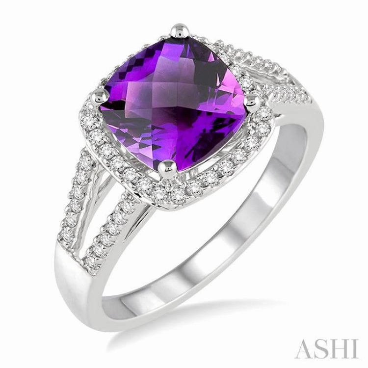 Excellent Piece 8x8 MM Cushion Shape Amethyst and 1/4 ctw Round cut Diamond Ring in 10K White Gold