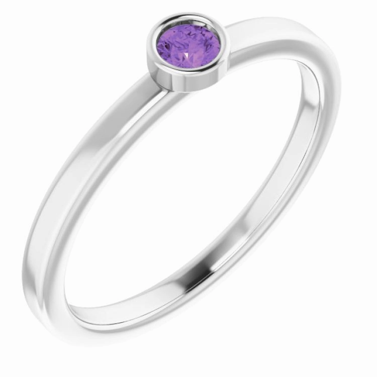 Rhodium-Plated Sterling Silver 3 mm Natural Amethyst Ring fixed size Refined Contour