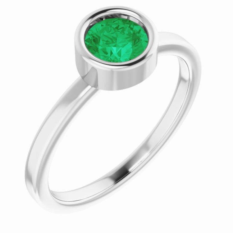 Rhodium-Plated Sterling Silver 5.5 mm Natural Emerald Ring Simple Beauty Seasonal Gift