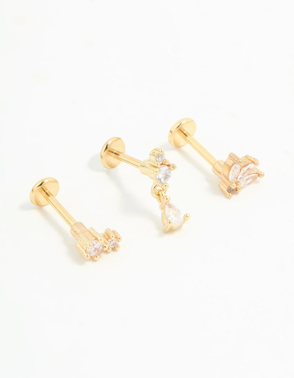understated look Gold Plated Surgical Steel Cubic Zirconia Triangular Flat Back Studs Pack