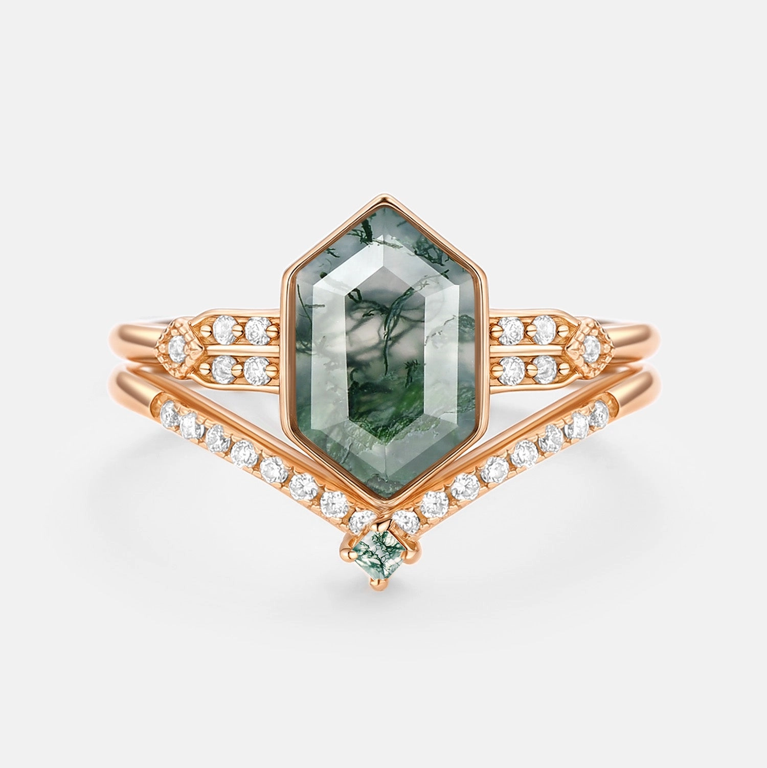 Seasonal Accent Neutral Glow Long Hexagon Moss Agate Minimalist Bridal Ring Set 2pcs - Nocturne