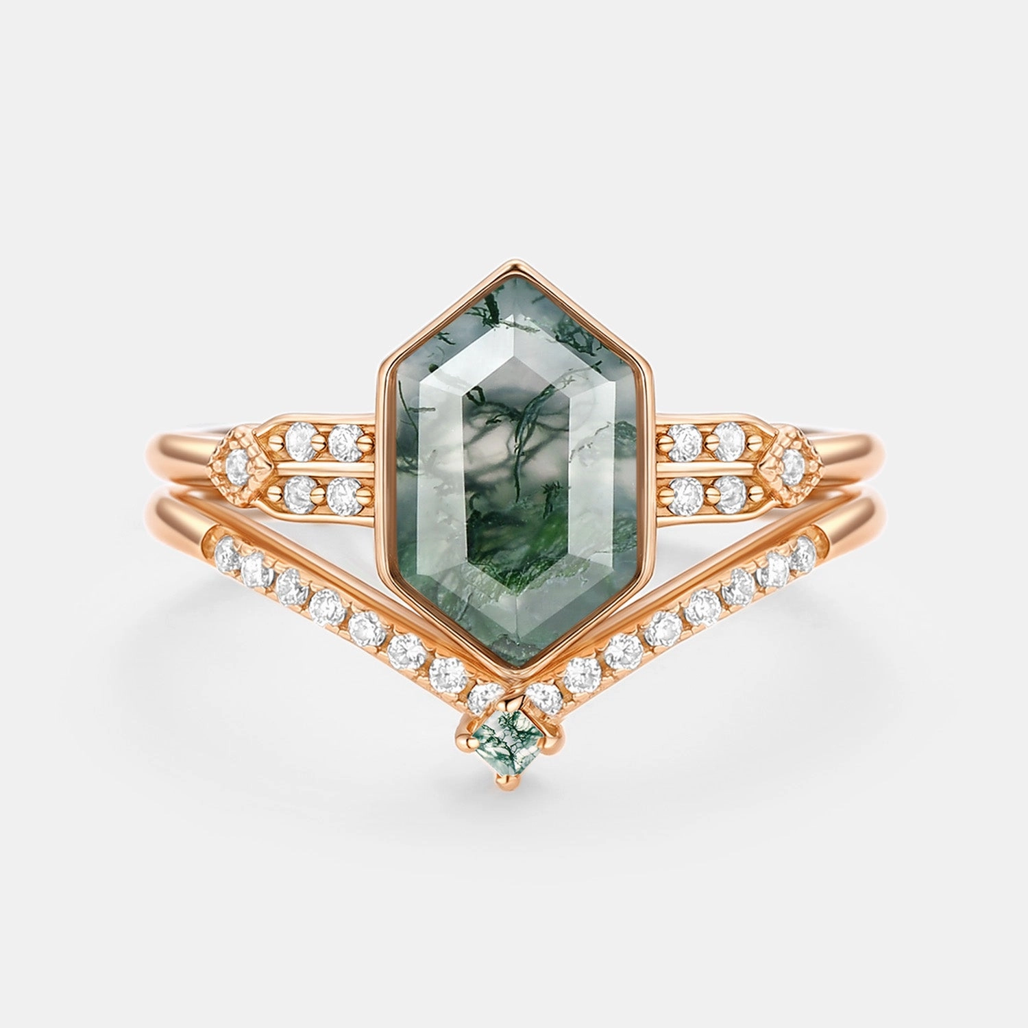 Luxury Gift Amazing Expression Long Hexagon Moss Agate Minimalist Bridal Ring Set 2pcs - Nocturne
