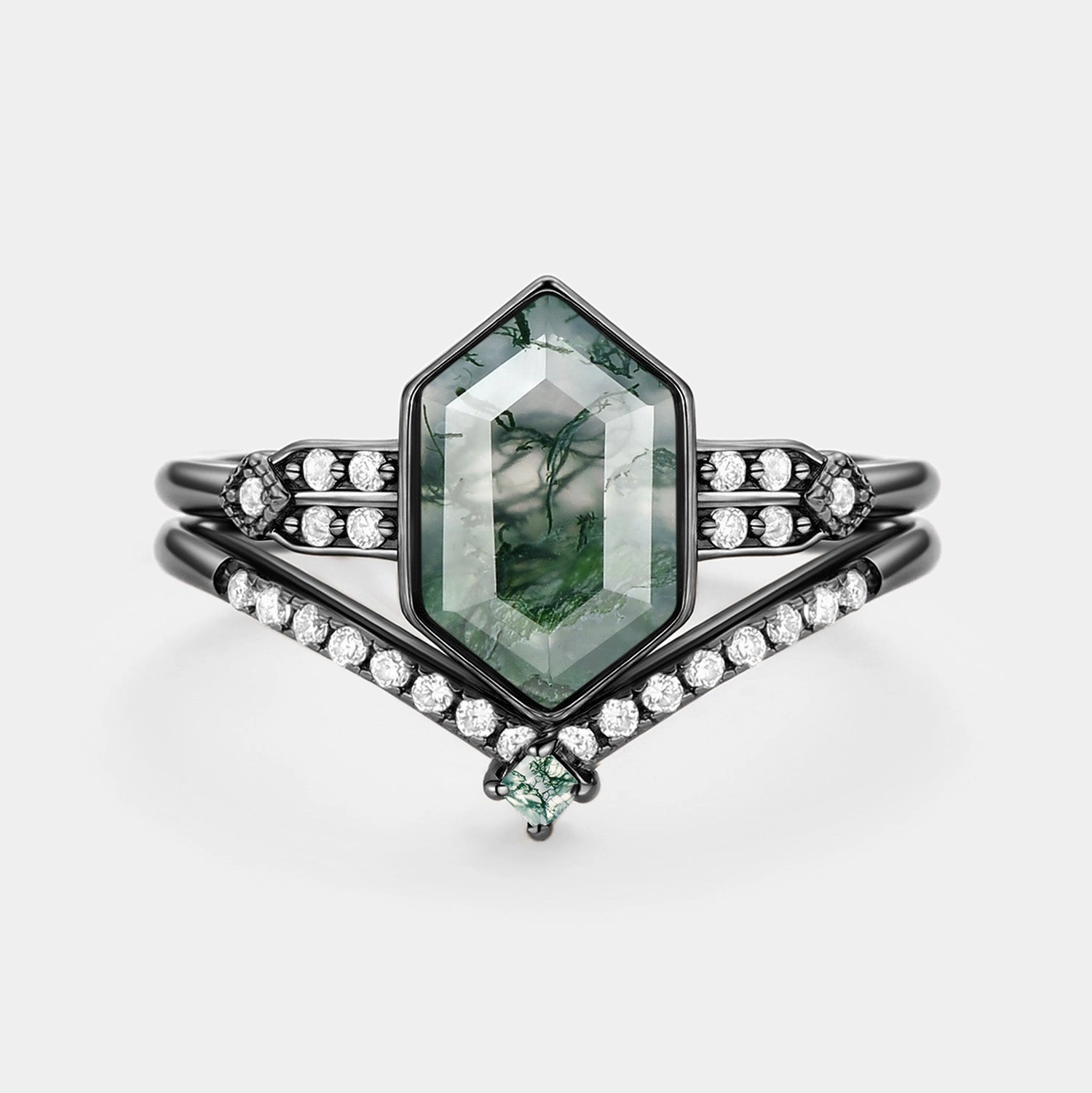 High Fashion Long Hexagon Moss Agate Minimalist Bridal Ring Set 2pcs - Nocturne