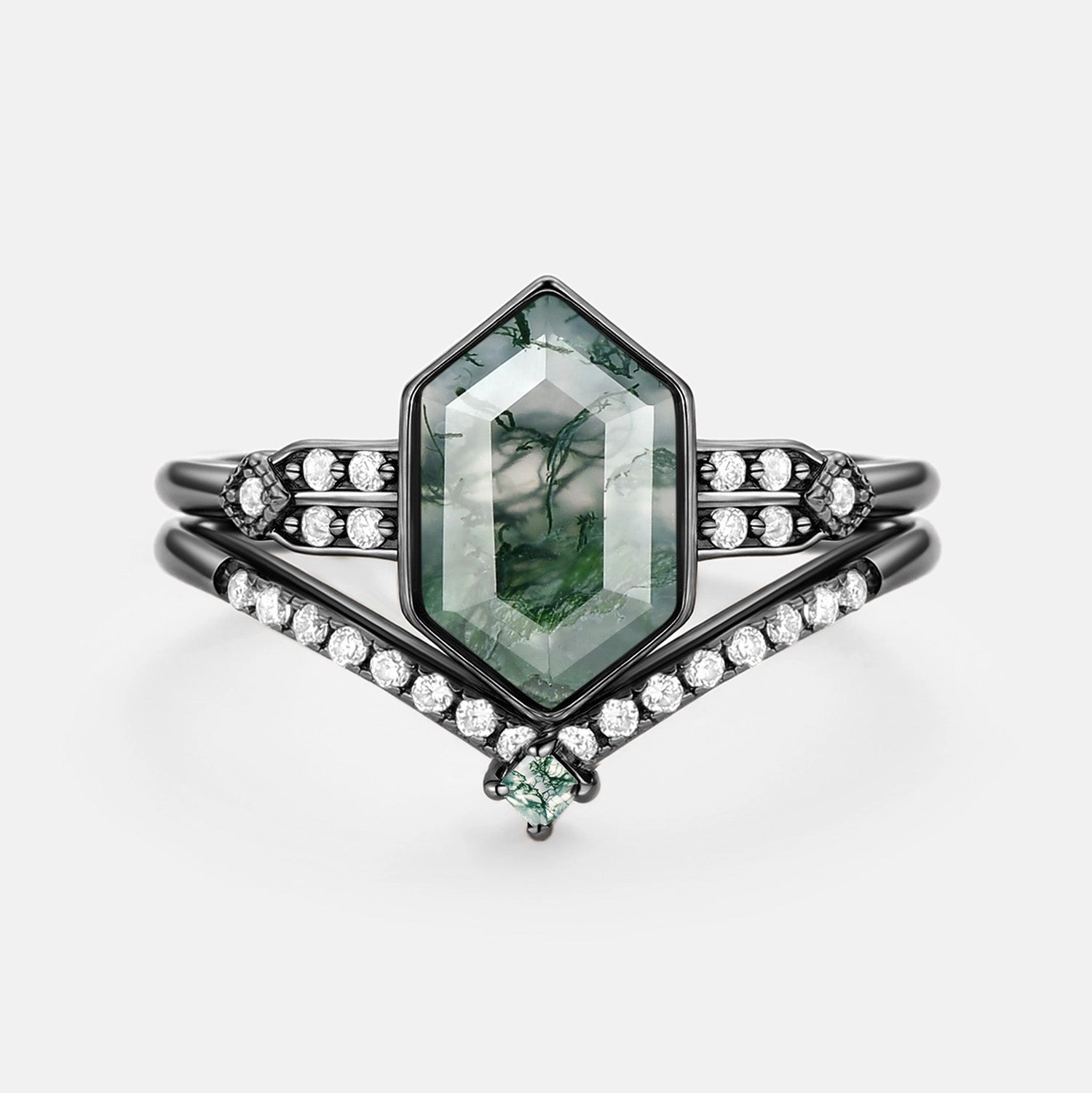 Long Hexagon Moss Agate Minimalist Bridal Ring Set 2pcs - Nocturne Bold Fashion Urban Touch