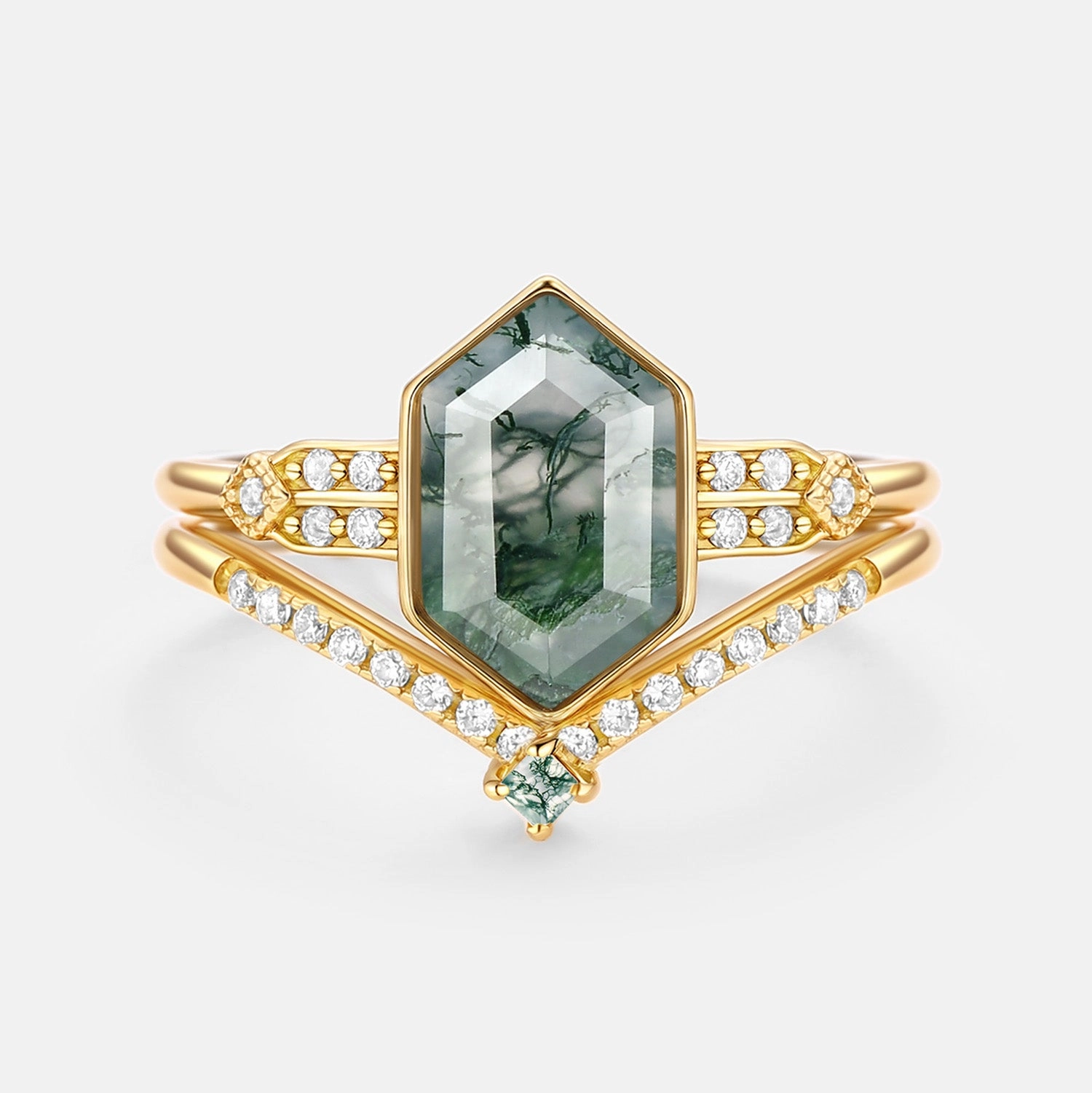 Refined Fashion Everyday Edge Long Hexagon Moss Agate Minimalist Bridal Ring Set 2pcs - Nocturne