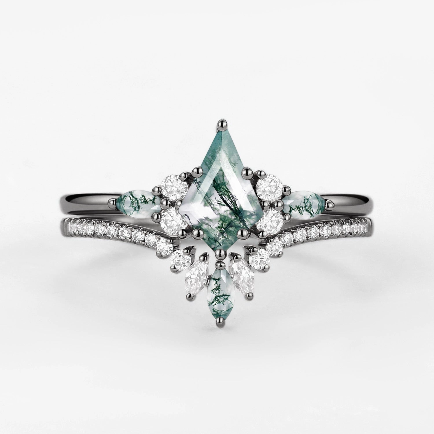 Sophisticated Gem Black Gold Kite Cut Green Moss Agate Bridal Set 2pcs - Rebecca