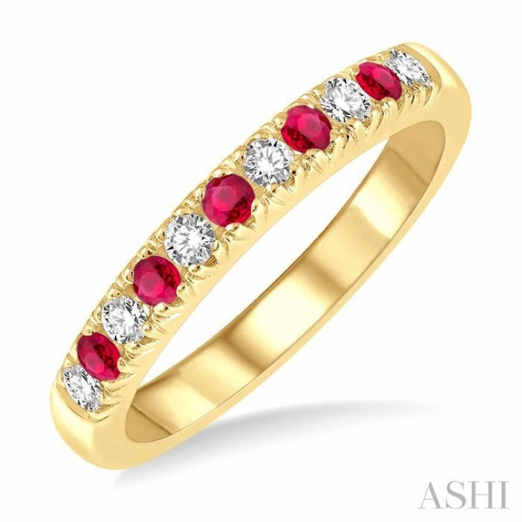 2 MM Ruby and 1/5 Ctw Round Cut Diamond Precious Wedding Band in 14K Yellow Gold Classic Bauble Inspired Accent