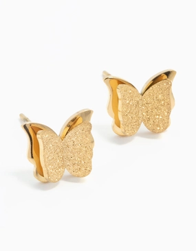 Unique Design Chic Sparkle Waterproof Gold Plated Stainless Steel Butterfly Stud Earrings