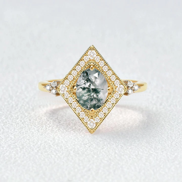 Modern Mood HighEnd Item Unique Oval Cut Moss Agate Geometric Vintage Engagement Ring