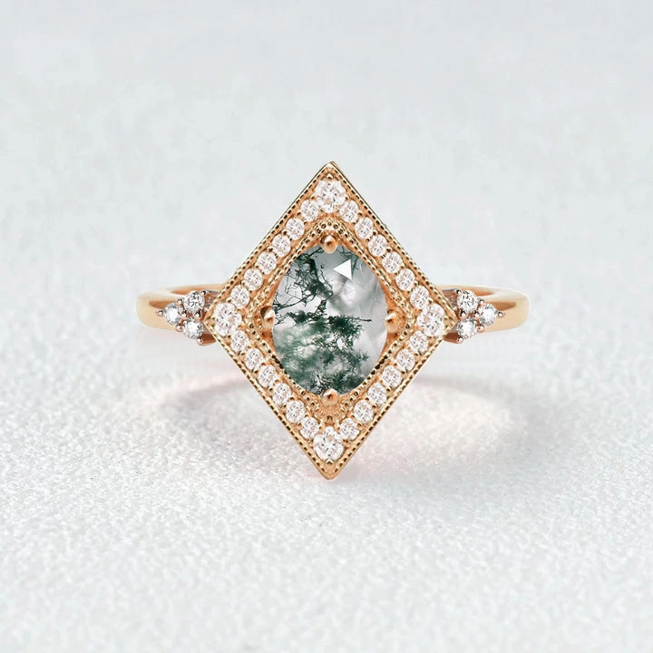 Secure look Unique Oval Cut Moss Agate Geometric Vintage Engagement Ring