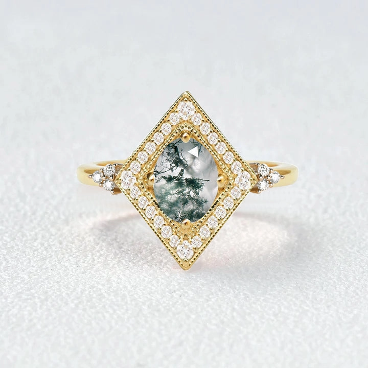 Unique Oval Cut Moss Agate Geometric Vintage Engagement Ring Crisp Accent