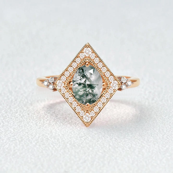 Emotional Significance Unique Oval Cut Moss Agate Geometric Vintage Engagement Ring
