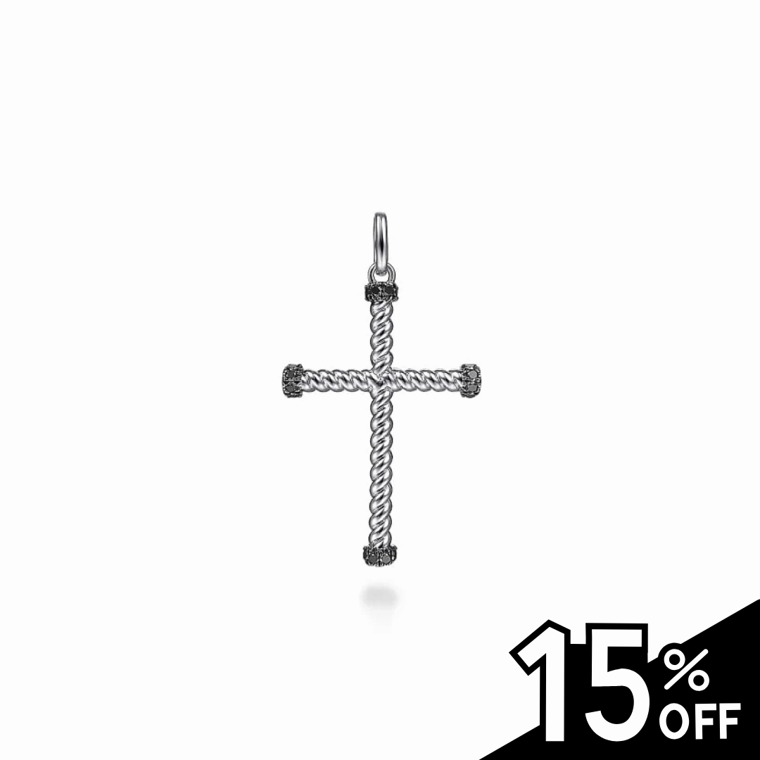 Golden Touch Work Accent 925 Sterling Silver Twisted Rope Cross Pendant with Black Spinel
