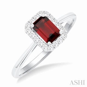 6x4 MM Octagonal Shape Garnet and 1/6 Ctw Round Cut Diamond Halo Semi-Precious Ring in 14K White Gold Dainty Pop