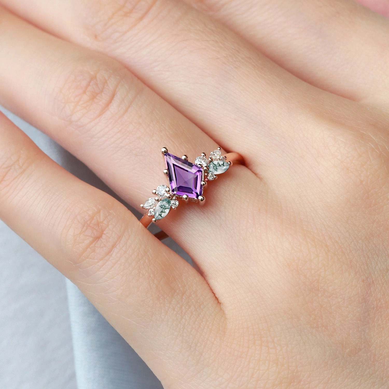 Luxury Insignia Amethyst & Moss Agate Rose Gold Engagement Ring