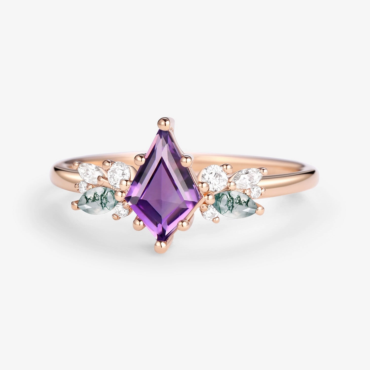 Hypoallergenic Statement Amethyst & Moss Agate Rose Gold Engagement Ring