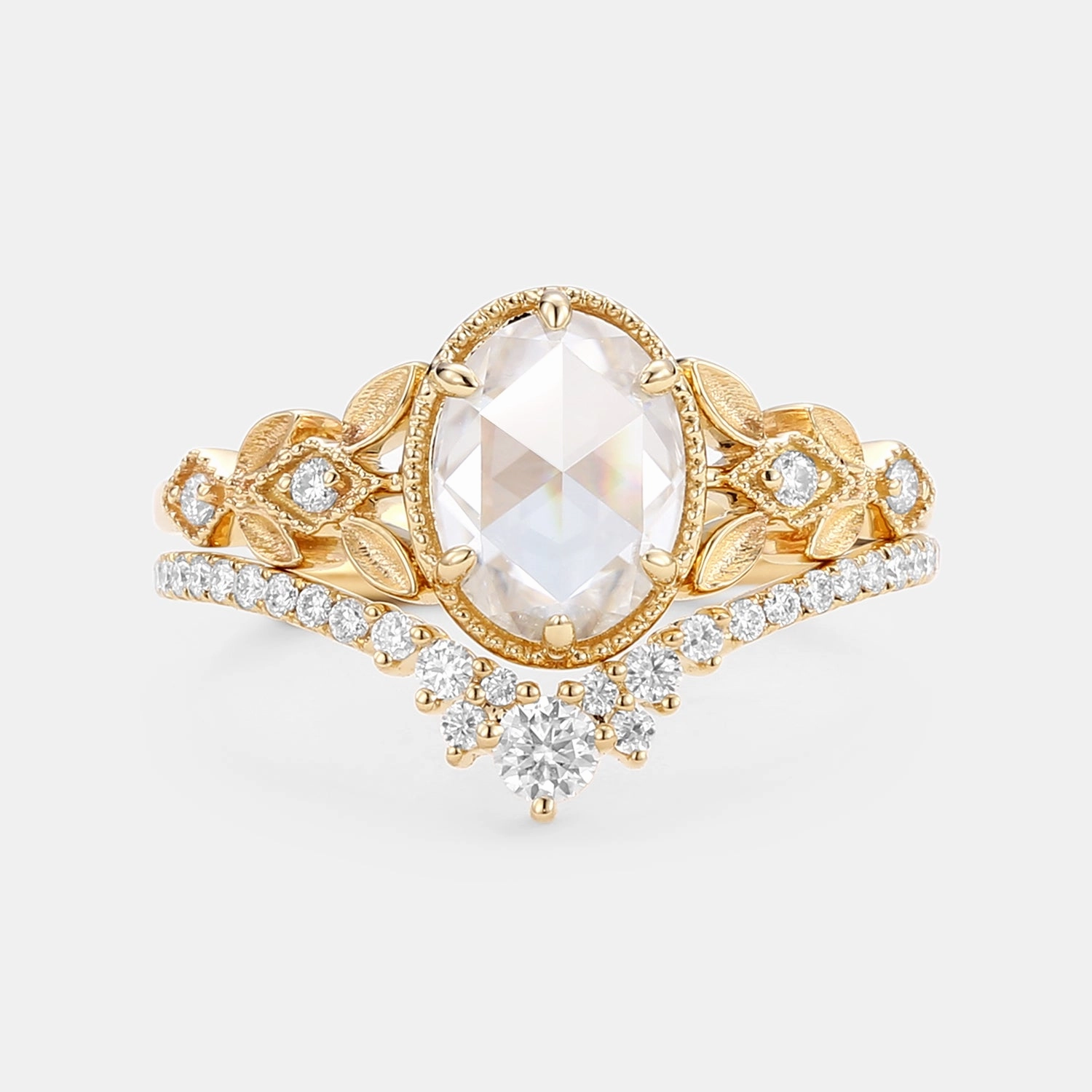 Modern Object Rose Cut Oval Moissanite Leafy Vintage Gold Ring Set 2pcs - Selene
