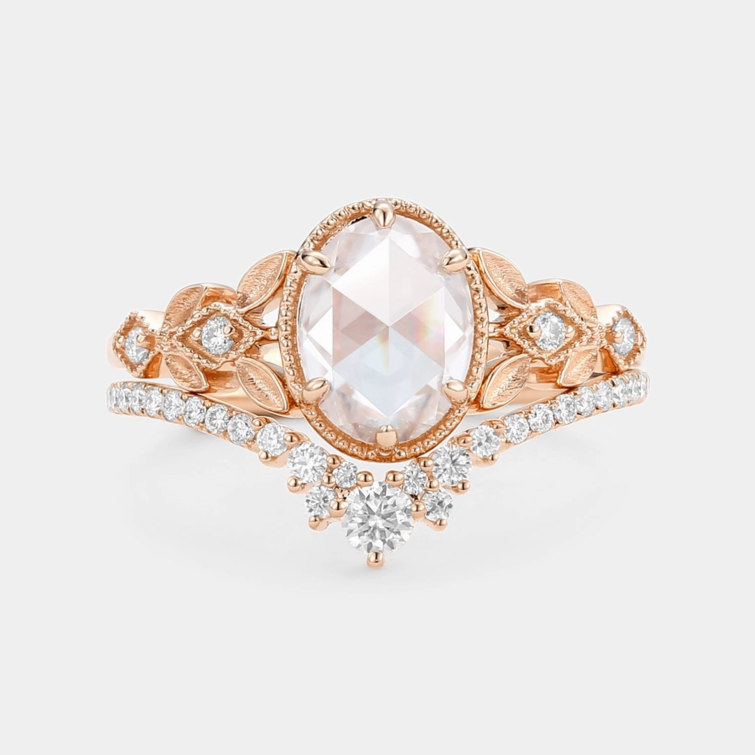 Elegant Movement Rose Cut Oval Moissanite Leafy Vintage Gold Ring Set 2pcs - Selene