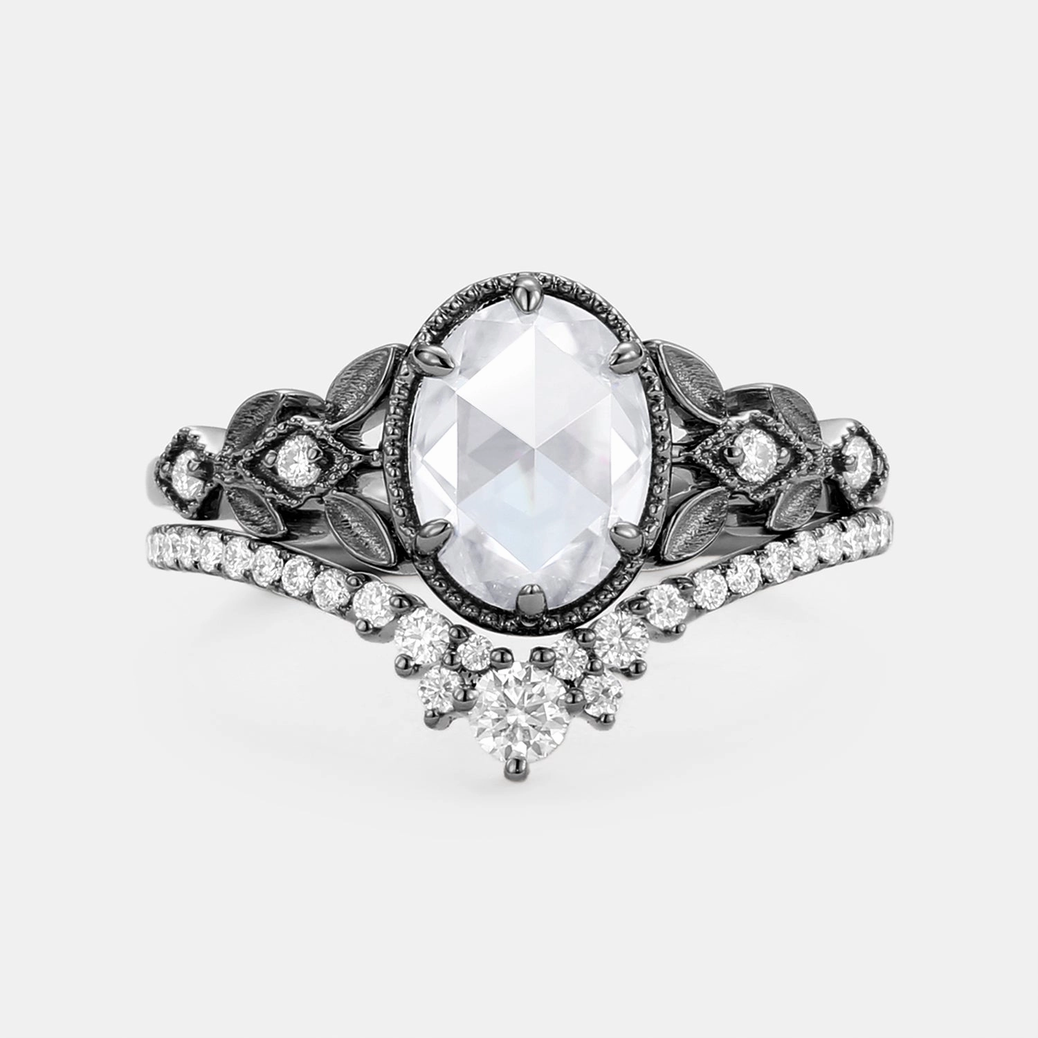 Artisan Texture Out Of Box Rose Cut Oval Moissanite Leafy Vintage Gold Ring Set 2pcs - Selene