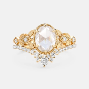 Custom Order Fashionable Shine Finish Rose Cut Oval Moissanite Leafy Vintage Gold Ring Set 2pcs - Selene