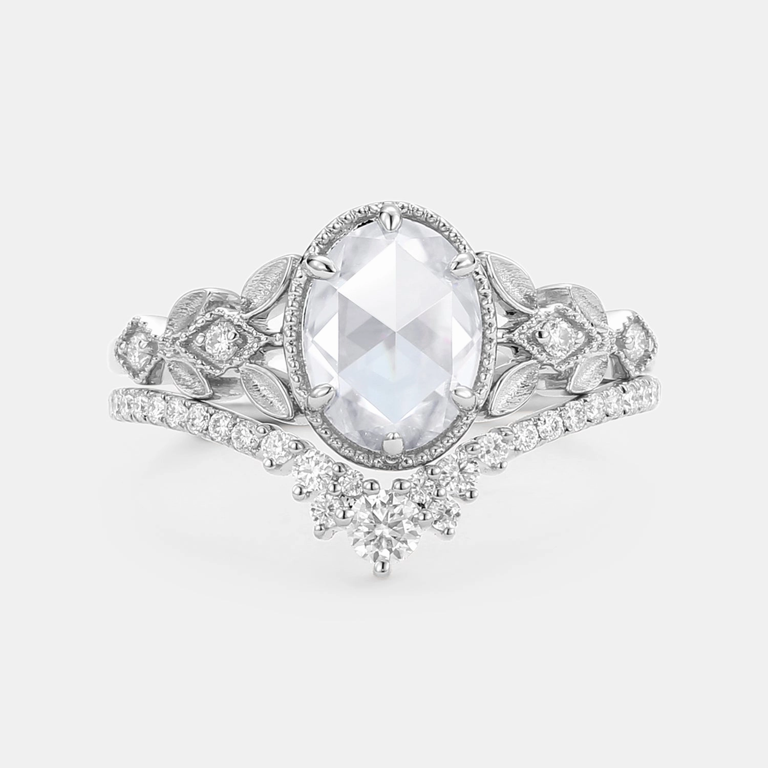 Elegant Snap Bridal Touch Rose Cut Oval Moissanite Leafy Vintage Gold Ring Set 2pcs - Selene