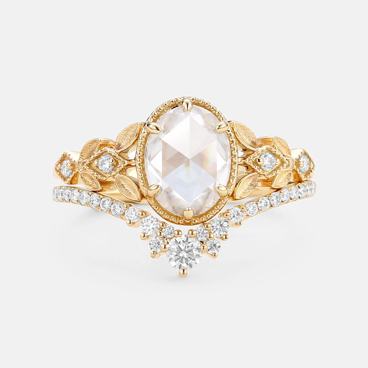 Sentimental Item Elegant Token Rose Cut Oval Moissanite Leafy Vintage Gold Ring Set 2pcs - Selene