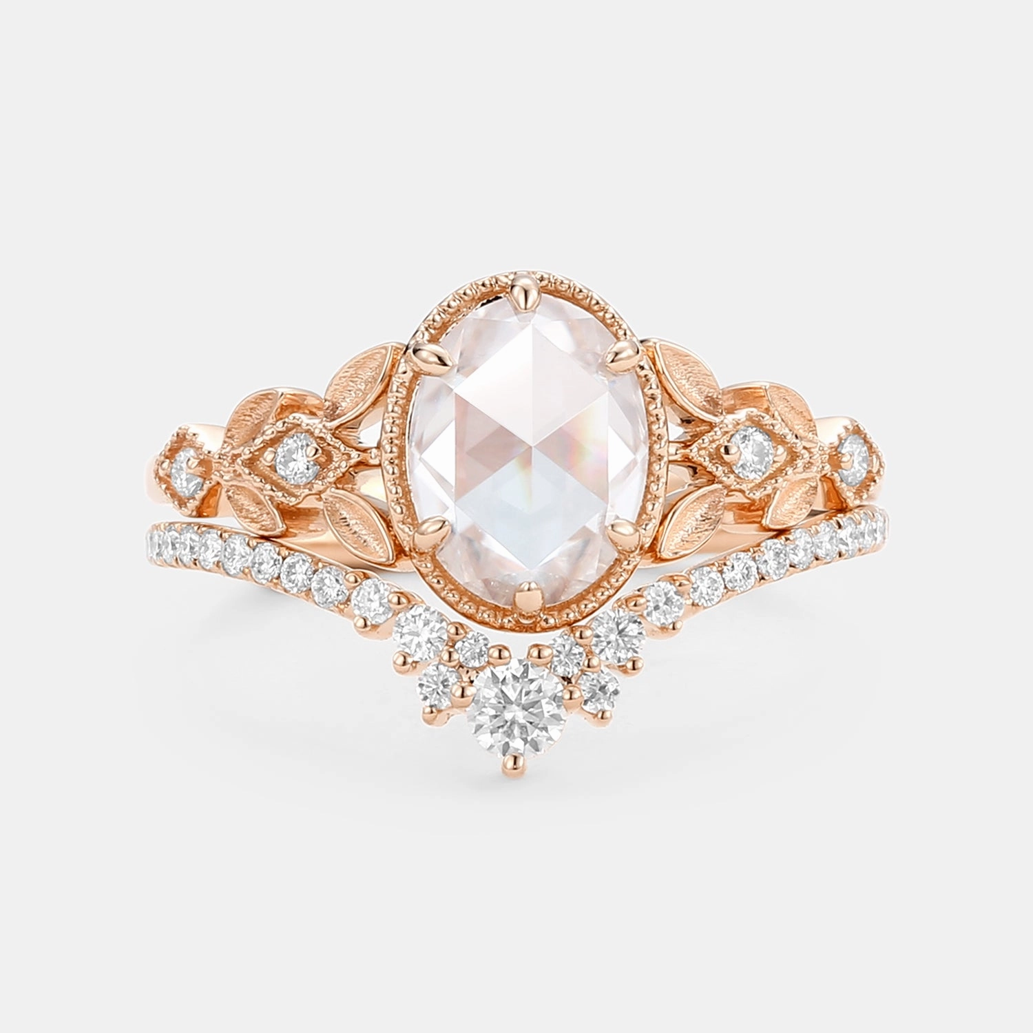 Rose Cut Oval Moissanite Leafy Vintage Gold Ring Set 2pcs - Selene Soft Texture Brilliant Accent